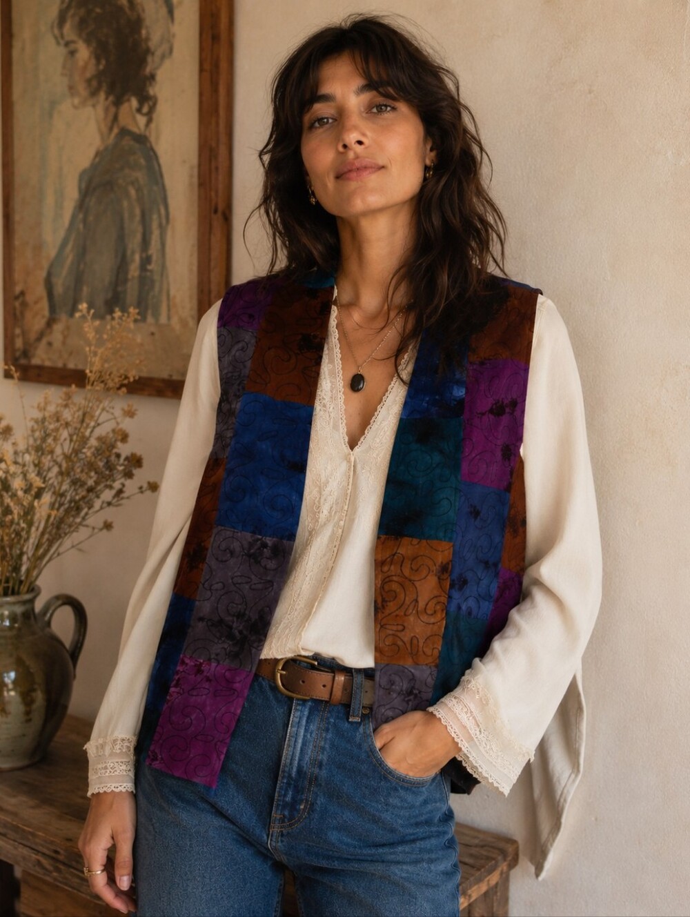 Parsley & Sage Reversible Patchwork Vest M Artsy Boho Art to Wear Swirl Print